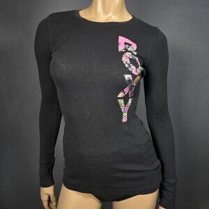 Y2K Roxy Black Thermal Top Size M Long Sleeve Ribbed T Shirt Crew Neck Surf
